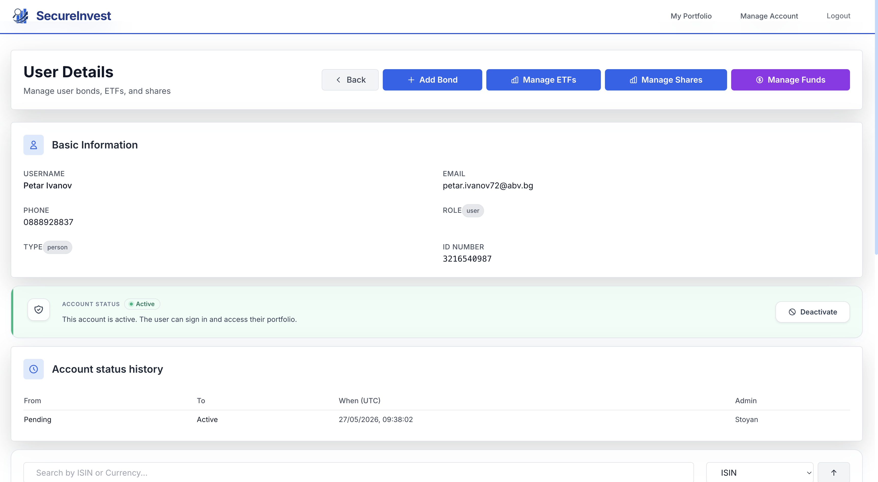 SecureInvest admin panel