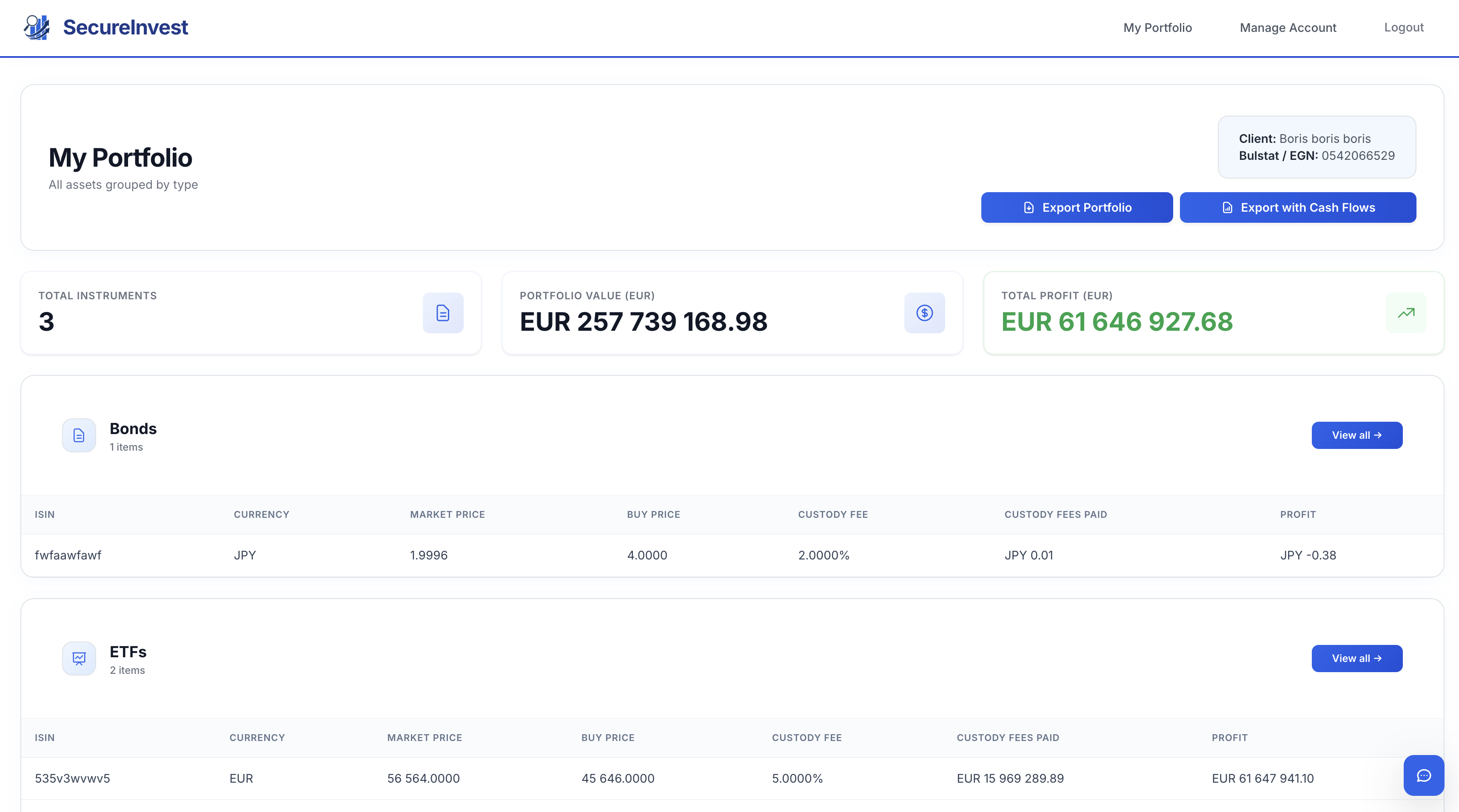 SecureInvest cash flows